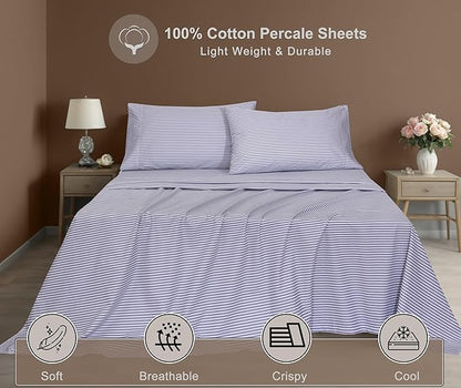 ZOYER 100% Cotton Sheets – King Size Percale Bedding, Cooling & Breathable, Durable with a Crisp, Soft & Comfortable Feel, 16" Deep Pocket, 4-Piece Set, Grey Stripe