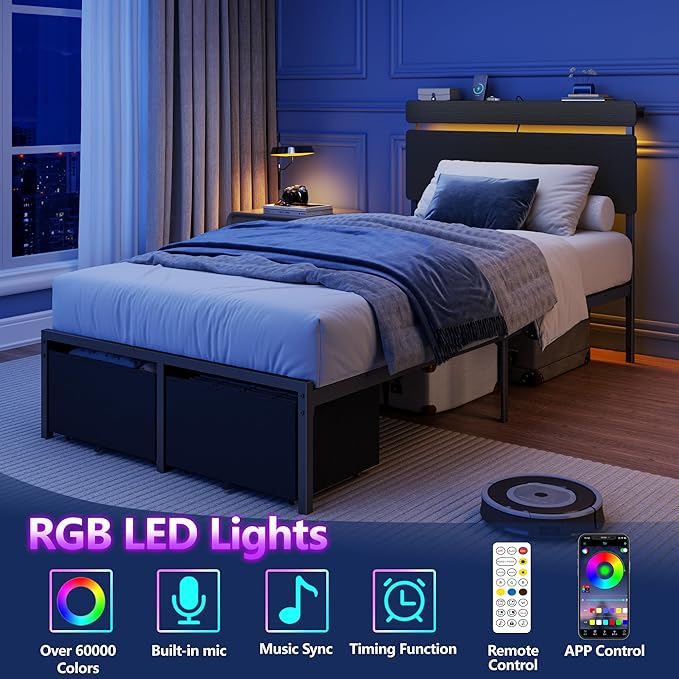 Forestell Twin Bed Frame with Wood Headboard,2 Storage Drawers & Shelf | Built-in Charging Station & LED Lights, Metal Support, No Box Spring Needed, noise-free, easy assembly, Smart RGB, USB+Type-C