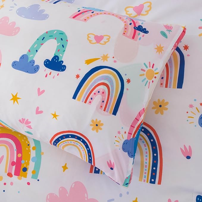 Btargot Lightweight Soft 3 Piece Rainbow Comforter Set with 2 Pillow Covers, Cartoon Leaves Flowers and Sun Star Bedding Set for Girls Boys Kids, Twin White
