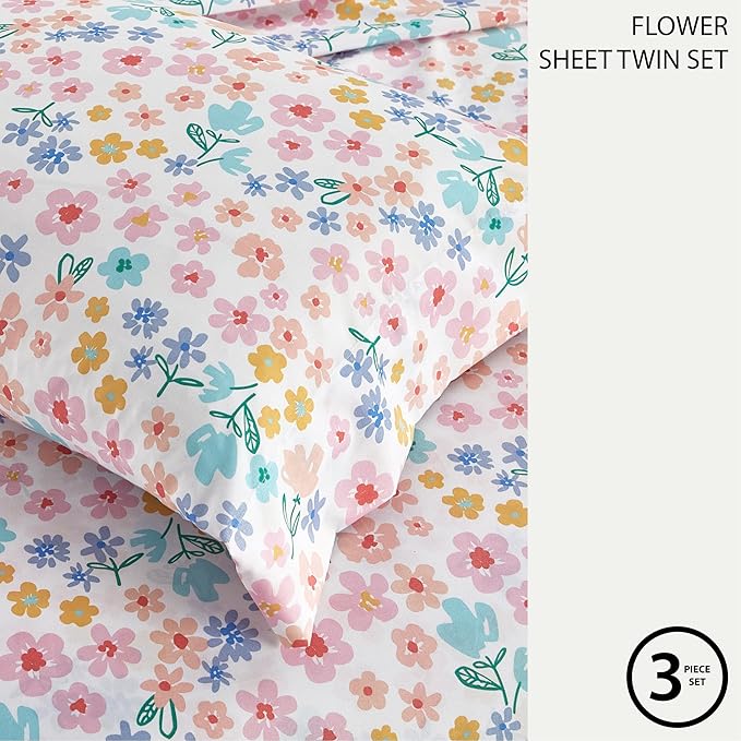 Heritage Kids 3-Piece Twin Sheet Set,Ditsy Floral Print in Multi-Color,Includes Top Sheet, Fitted Sheet & Pillowcase,Soft Microfiber Bedding for Girls Bedroom