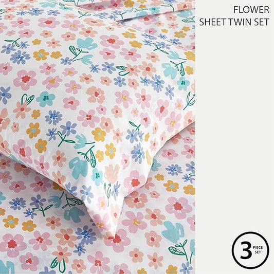 Heritage Kids 3-Piece Twin Sheet Set,Ditsy Floral Print in Multi-Color,Includes Top Sheet, Fitted Sheet & Pillowcase,Soft Microfiber Bedding for Girls Bedroom