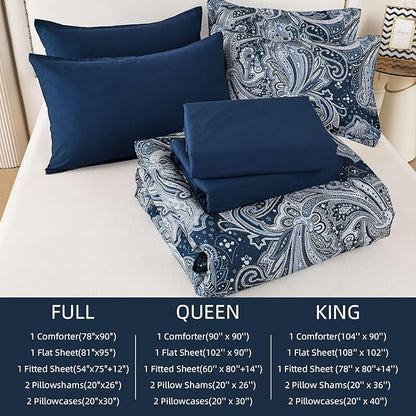 DJY Navy Paisley Comforter Set King Size 7 Piece Bed in a Bag Boho Paisley Pattern Comforter Set Soft Lightweight Microfiber Blue Reversible Bedding Set for All Season (104''x90'')