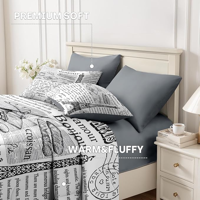 Nesker Comforter Set Full Size, Retro Eiffel Tower Paris 7 Pcs Bedding for Kids and Adults, Vintage French Cafe Bed Sheet Sets with Fitted Sheet 2 Pillowcases & 2 Shams