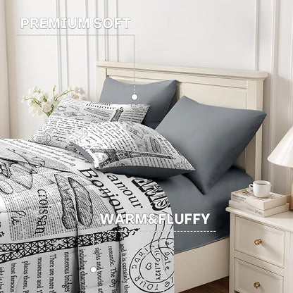 Nesker Comforter Set King Size, Retro Eiffel Tower Paris 7 Pcs Bedding for Kids and Adults, Vintage French Cafe Bed Sheet Sets with Fitted Sheet 2 Pillowcases & 2 Shams