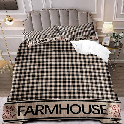 LUVIVIHOME 3PCS Brown Black Gingham Comforter Set, King Bed Set, Grid Checkered Quilt, Farmhouse Bedding, Red Berry Check Primitive Country Rustic Vintage Buffalo Plaid Comforter, 2 Pillow Shams