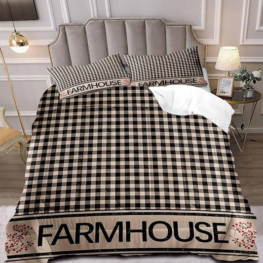 LUVIVIHOME 3PCS Brown Black Gingham Comforter Set, King Bed Set, Grid Checkered Quilt, Farmhouse Bedding, Red Berry Check Primitive Country Rustic Vintage Buffalo Plaid Comforter, 2 Pillow Shams