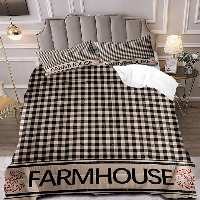 LUVIVIHOME 3PCS Brown Black Gingham Comforter Set, Queen Bed Set, Grid Checkered Quilt, Farmhouse Bedding, Red Berry Check Primitive Country Rustic Vintage Buffalo Plaid Comforter, 2 Pillow Shams