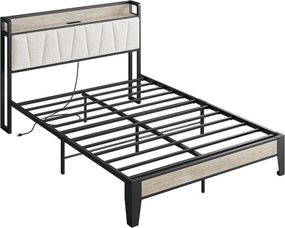 LIKIMIO Queen Bed Frames, Bouclé Storage Headboard with Charging Station, Solid and Stable, Noise Free, No Box Spring Needed, Easy Assembly