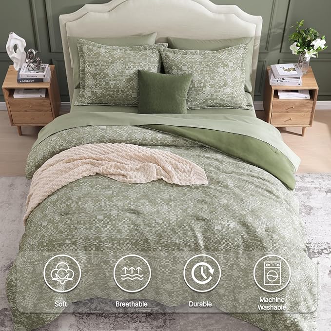 MaiRêve Queen Comforter Set Olive Green, Crinkle Textured Design Bedding Set 7 Pieces Bed in A Bag, All Season Farmhouse Comforter Set with Sheets, Pillowcases & Shams