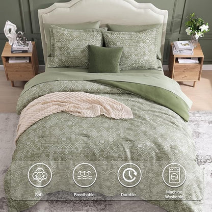 MaiRêve Full Size Comforter Set Olive Green, Crinkle Textured Design Bedding Set 7 Pieces Bed in A Bag, All Season Farmhouse Comforter Set with Sheets, Pillowcases & Shams