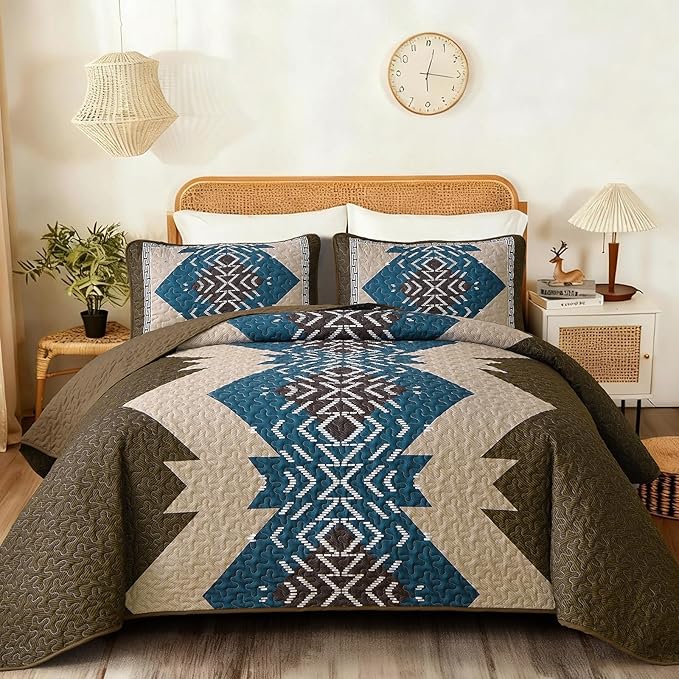 Dintszyayue Boho Quilt Set King Size, Brown Aztec Texture Bedspread Set, 3 Pieces Texture Southwestern Bedding Set, Soft Lightweight Coverlet Set for All Season Bedding with 2 Pillowcases
