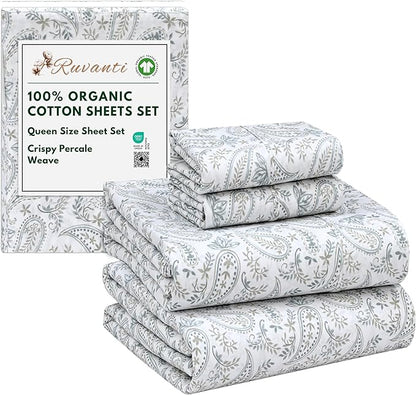 RUVANTI 100% Organic Cotton Sheets Queen Size, Percale Weave, GOTS Certified, 4-Piece Set, Deep Pocket 15", Crisp & Breathable, Soft Durable Bedding, Sábanas Algodón Orgánico – Ornate Oasis