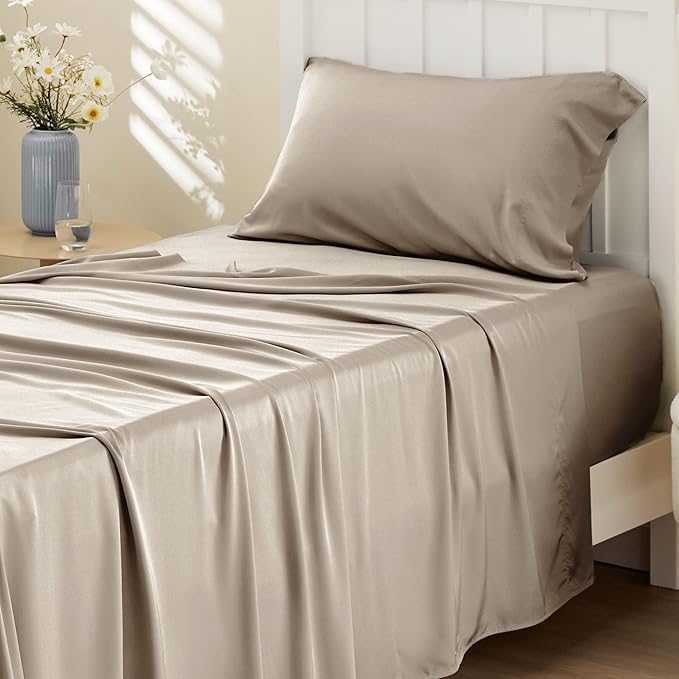 Bedsure Cooling Sheets Twin, Rayon Derived from Bamboo, PureWoven, Breathable & Soft Twin Sheets Set, Deep Pocket Up to 16 Inches, Hotel Luxury Silky Bedding for Hot Sleepers, Simply Taupe