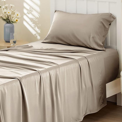 Bedsure Cooling Sheets Twin, Rayon Derived from Bamboo, PureWoven, Breathable & Soft Twin Sheets Set, Deep Pocket Up to 16 Inches, Hotel Luxury Silky Bedding for Hot Sleepers, Simply Taupe