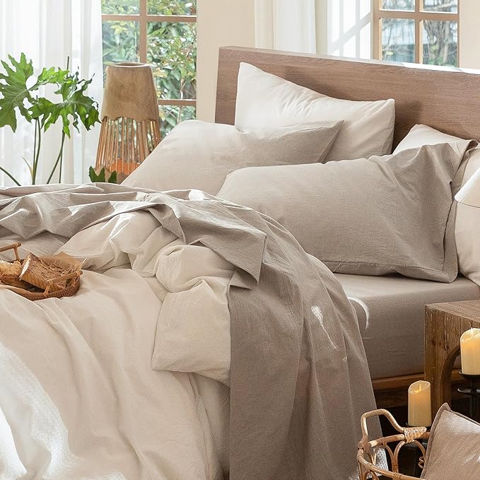 MooMee Bedding Sheet Set 100% Washed Cotton Linen Like Textured Breathable Durable Soft Comfy (Heathered Tannish Linen Grey, Queen)