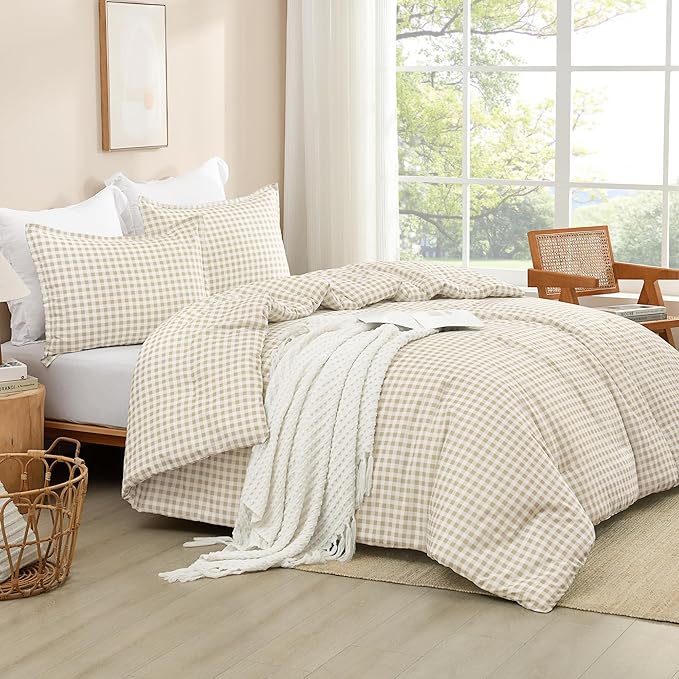 Andency Beige Gingham Comforter Set Full(79x90Inch), Cream Checkered Grid Plaid Buffalo Bed Set for Girls Boys Kids Teens, 3 Pieces Lightweight Polyester Geometric Preppy Bedding