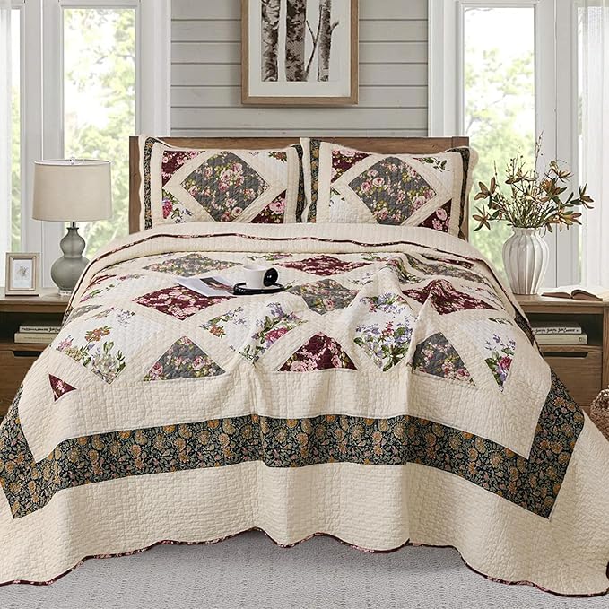 Cmfshape Floral Quilt Sets Bedspread Set 100% Cotton Patchwork Bedding Set,All Season Use Lightweight Reversible Coverlet Quilts with 2 Pillow Shams(Queen 92"x96")