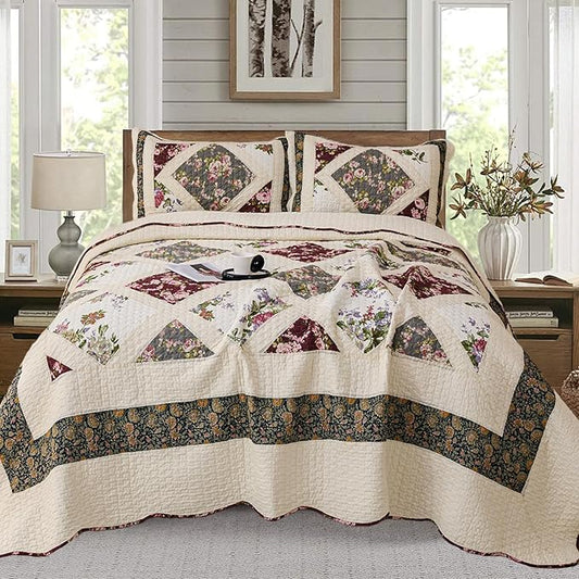 Cmfshape Floral Quilt Sets Bedspread Set 100% Cotton Patchwork Bedding Set,All Season Use Lightweight Reversible Coverlet Quilts with 2 Pillow Shams(Queen 92"x96")