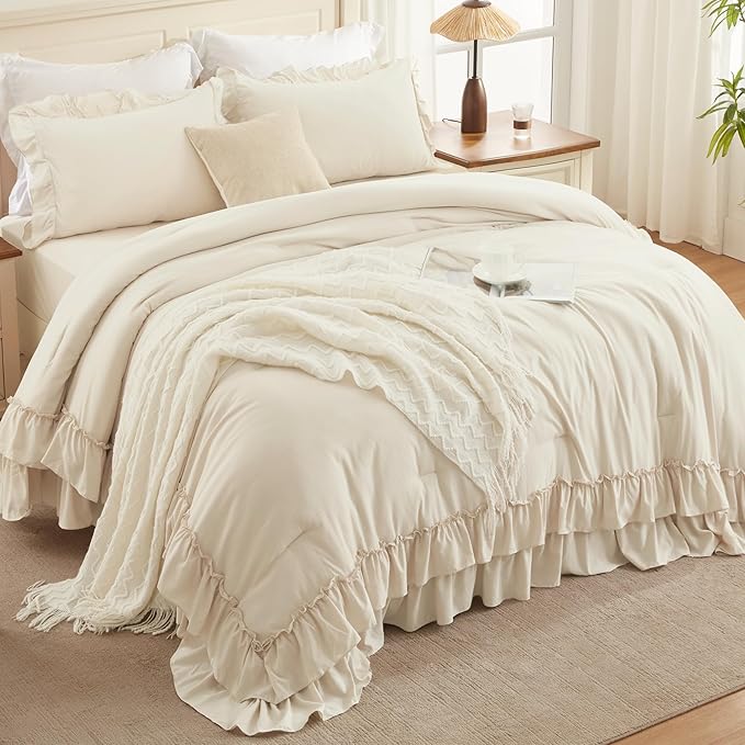 Andency Beige Queen Comforter Set, 3 Pieces Soft Lightweight Fluffy Solid Ruffle Bedding Comforter Sets, All Season Farmhouse Shabby Chic Comforter for Queen Size Bed (Beige, 90x90Inch)