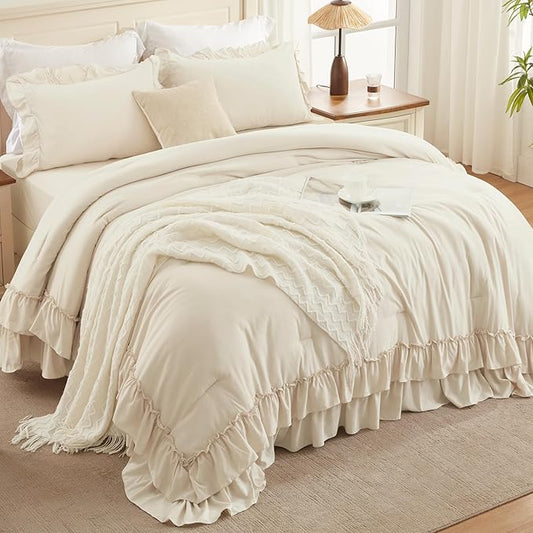 Andency Beige California King Comforter Set, 3 Pieces Farmhouse Shabby Chic Bedding Comforter Sets, Lightweight Fluffy Soft Microfiber All Season Bed Set(104x96In Comforter)