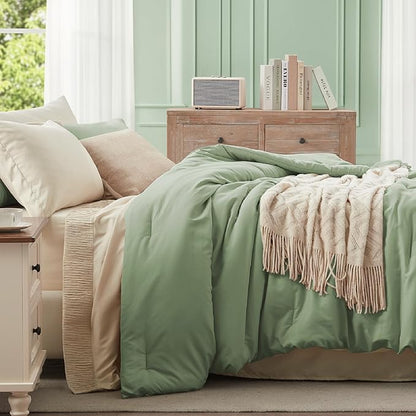 Anluoer Sage and Cream King Comforter Set 7 Pieces, Bed in a Bag with Sheets, All Season Bedding Sets with 1 Comforter, 2 Pillow Shams, 2 Pillowcases, 1 Flat Sheet, 1 Fitted Sheet