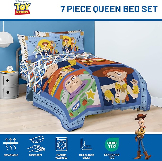 Jay Franco Kids Comforter Set Includes Sheets and Pillow Covers - Soft and Cozy Bed Set for Stylish Room Decor, Official Licensed Bedding, Blue - Toy Story, 7 Piece Queen