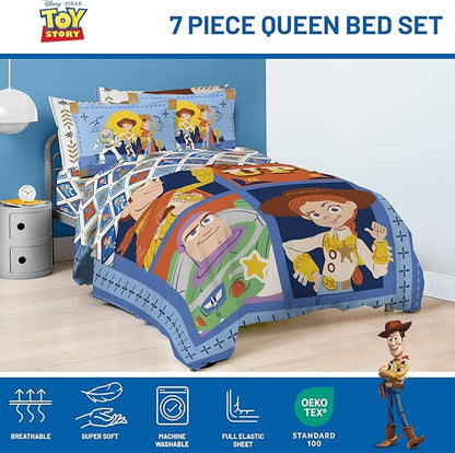 Jay Franco Kids Comforter Set Includes Sheets and Pillow Covers - Soft and Cozy Bed Set for Stylish Room Decor, Official Licensed Bedding, Blue - Toy Story, 7 Piece Queen