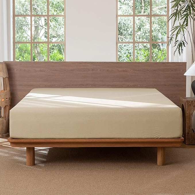 MooMee Fitted Bottom Sheet Only 100% Washed Cotton Linen Like Textured Breathable Durable Soft Comfy Deep Pocket Fits Mattress up to 17" (Almond Milk Grey, Twin)