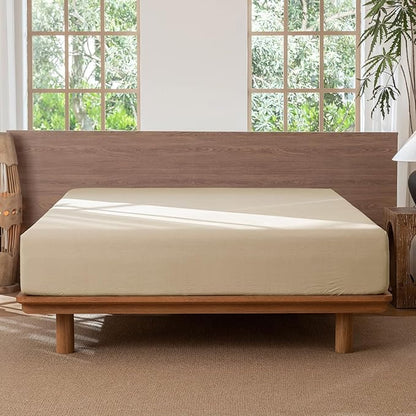 MooMee Fitted Bottom Sheet Only 100% Washed Cotton Linen Like Textured Breathable Durable Soft Comfy Deep Pocket Fits Mattress up to 17" (Almond Milk Grey, Twin)
