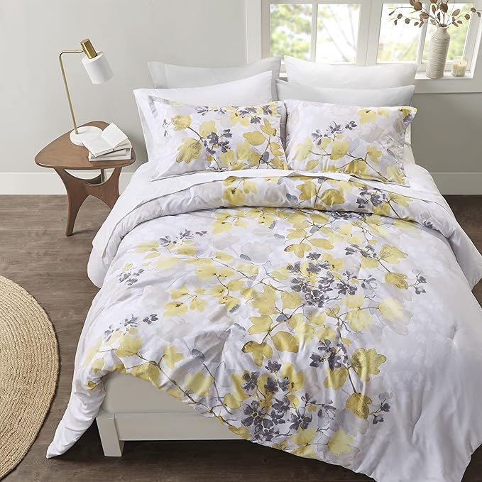 Madison Park Essentials Bed in A Bag - Trendy Casual Design Cozy Comforter with Complete Sheet Set with Side Pocket, All Season Cover, Matching Shams, Queen, Alexis, Leaf Yellow 9 Piece
