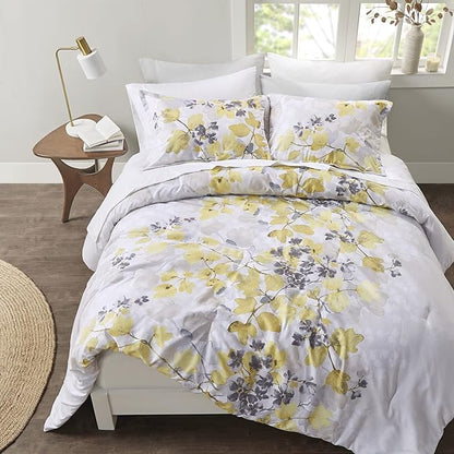 Madison Park Essentials Bed in A Bag - Trendy Casual Design Cozy Comforter with Complete Sheet Set with Side Pocket, All Season Cover, Matching Shams, Queen, Alexis, Leaf Yellow 9 Piece