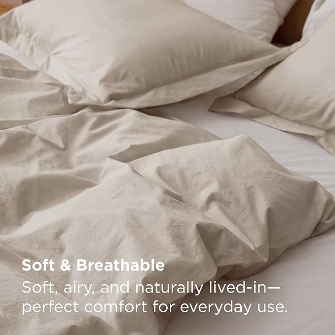 Bedsure 100% Washed Cotton Duvet Cover Oversized King - Linen Color Minimalist Bedding Set Linen Like - PureWoven Plain Simple & Soft Comforter Cover for All Seasons (Oversized King, 120"x98")