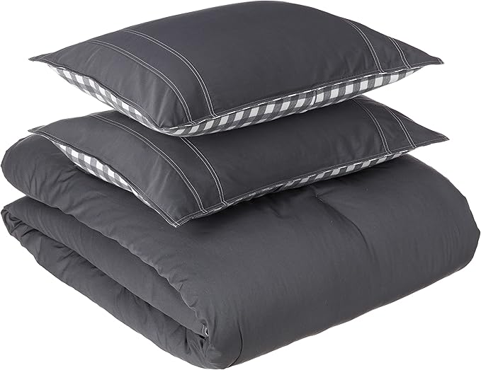 Eddie Bauer - Queen Comforter Set, Reversible Cotton Bedding with Matching Shams, Pre-Washed for Added Softness (Kingston Charcoal, Queen)