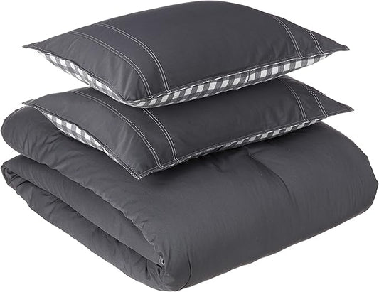 Eddie Bauer - Queen Comforter Set, Reversible Cotton Bedding with Matching Shams, Pre-Washed for Added Softness (Kingston Charcoal, Queen)