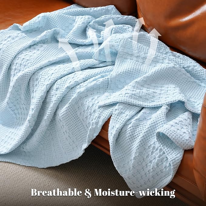 PHF 100% Cotton Waffle Weave Throw Blanket, Soft Lightweight Breathable Cozy Throws for Couch Bed Sofa, Luxury Aesthetic Blanket Gift for Home Decor & Office, 50"x60", Baby Blue