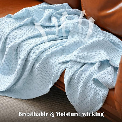 PHF 100% Cotton Waffle Weave Throw Blanket, Soft Lightweight Breathable Cozy Throws for Couch Bed Sofa, Luxury Aesthetic Blanket Gift for Home Decor & Office, 50"x60", Baby Blue