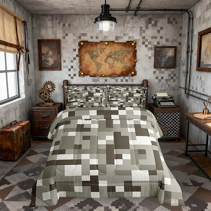 Miners Pixel CheckedComforter Set King Size,Cartoon Gamepad Video Games Kids Bedding Set,Geometric Grid Patchwork Quilt Comforter,Gray White Duvet Insert,2 Pillowcases