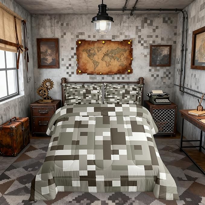 Miners Pixel Checked Kids Comforter Set Full Size,Cartoon Gamepad Video Games Bedding Set,Boys Room Decor,Geometric Grid Patchwork Quilt Comforter,Gray White Duvet Set Bedroom Quilt Set,2 Pillowcases
