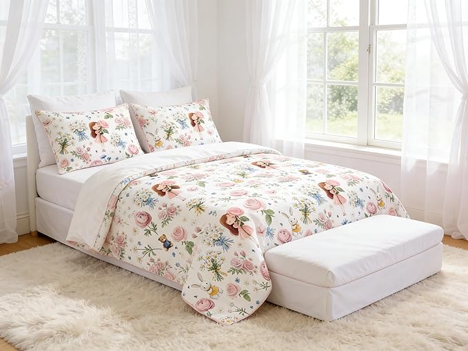 Girls Twin Size Bed in A Bag for Kids, 5Pcs Pink Rose Comforter Set Priness Rabbit Bear Bedding, 1 Quilted Comforter(68"x86")&2 Pillowcase&1 Flat Sheet &1 Fitted Sheet