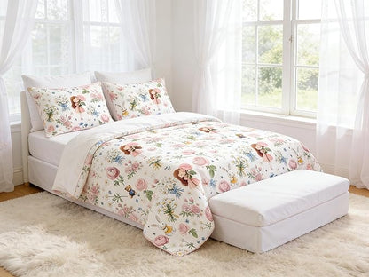 Girls Twin Size Bed in A Bag for Kids, 5Pcs Pink Rose Comforter Set Priness Rabbit Bear Bedding, 1 Quilted Comforter(68"x86")&2 Pillowcase&1 Flat Sheet &1 Fitted Sheet