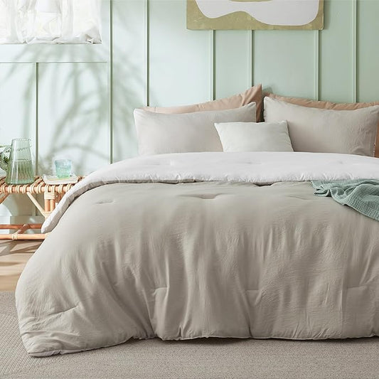 Bedsure Queen Comforter Set, Beige White Soft Prewashed Bedding for All Seasons, 3 Pieces GentleSoft™ Bed Set, 1 Lightweight Comforter (90"x90") and 2 Pillowcases (20"x26")