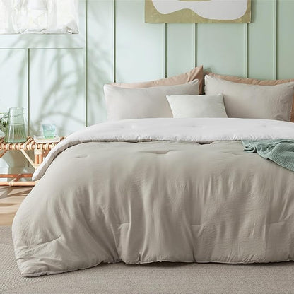 Bedsure Full Comforter Set, Beige White Soft Prewashed Bedding for All Seasons, 3 Pieces GentleSoft™ Bed Set, 1 Lightweight Comforter (82"x86") and 2 Pillowcases (20"x26")