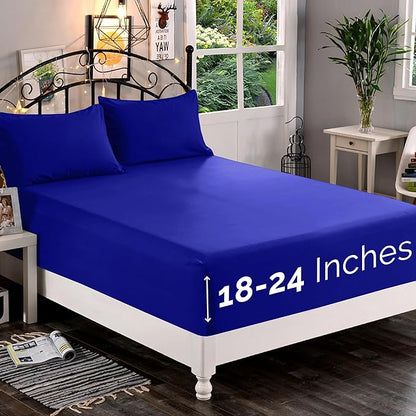 Elegant Comfort 1500 Premium Quality Fitted Sheet Ultra Soft 18-24 Inch Extra Deep Pocket - Single Fitted Sheet for High Mattress - Wrinkle Free with Smart Storage Pockets, King, Royal Blue