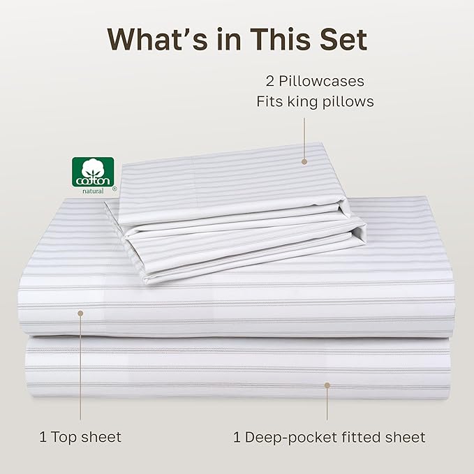 California Design Den King Size Sheet Set - 100% Cotton, 600 Thread Count, Deep Pocket King Sheets, Premium-Feel Bedding with Sateen Weave - Ticking Stripe Pattern