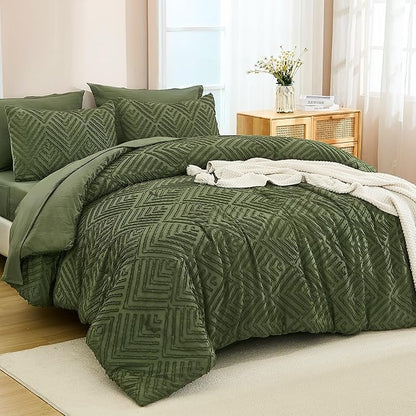Andency Super King Plus Comforter Set Olive Green - 7 Piece Bed in a Bag Oversized King, Olive Green Boho Tufted Bedding Sets, Lightweight Fluffy Bed Set with Comforter, Sheets, Pillowcases & Shams