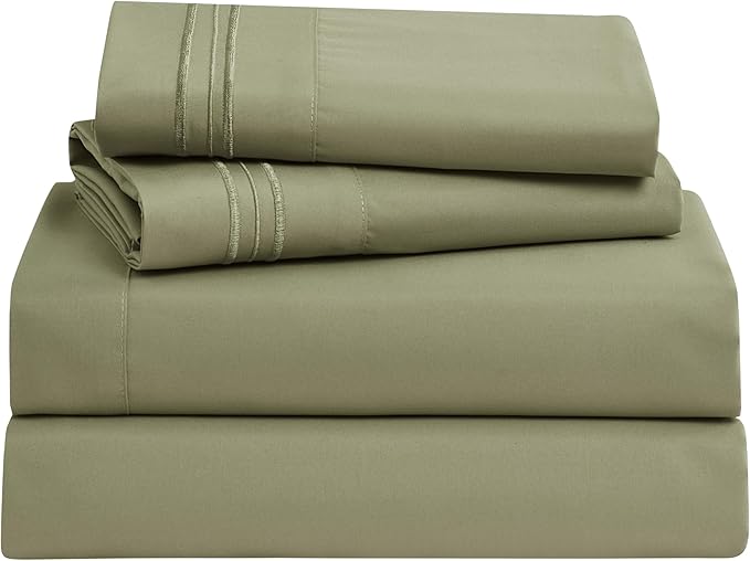 Clara Clark Bed Sheets, Premier 1800 Series 4 Piece Bed Sheet Set, Deep Pocket, Wrinkle, Fade, Stain Resistant, Luxury Soft Bedding Sheets & Pillowcases, Split King, Sage Green