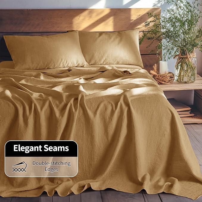 LBRO2M 100% Pure Linen Sheet Set Deep Pocket Up to 16" Bed Sheets Sets, Natural Flax Beddings Soft, Breathable, Comfortable for All Seasons 4 Pcs Sheet Set King Size, Rust