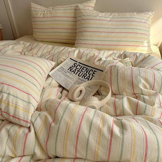 EAVD Vintage Colorful Striped Comforter Set Full Soft Cotton 3-Piece Retro Vertical Striped Bedding Set with 2 Pillowcases Boho Geometric Comforter Set for All-Season(Pink&Yellow&Blue, Full)