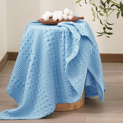 PHF 100% Cotton Waffle Weave Throw Blanket, Soft Lightweight Breathable Cozy Throws for Couch Bed Sofa, Luxury Aesthetic Blanket Gift for Home Decor & Office, 50"x60", Airy Blue