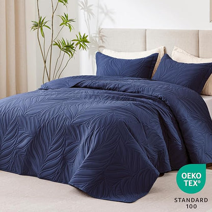 EXQ Home Quilt Set Twin Size Navy 2 Piece,Lightweight Soft Coverlet Modern Style Leaf Pattern Bedspread Set(1 Quilt,1 Pillow Sham)